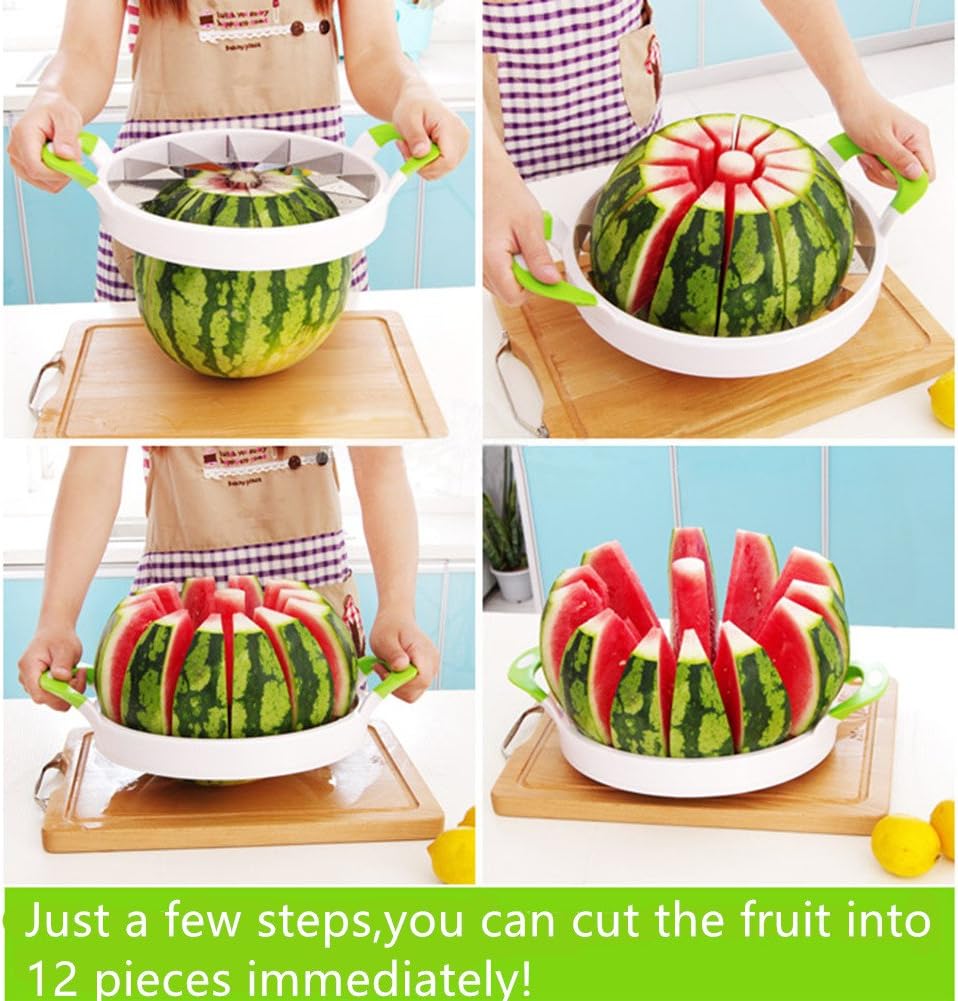 Extra Large Watermelon Slicer Cutter Comfort Silicone Handle,Home Stainless Steel Round Fruit Vegetable Slicer Cutter Peeler Corer Server for Cantaloup Melon,Pineapple,Honeydew,Get 12,As Seen On TV